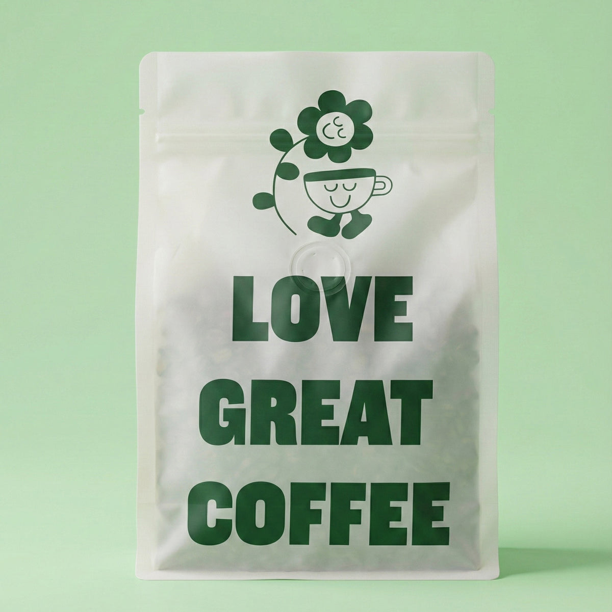 Back of a Level Ground Co coffee bag reading "Love Great Coffee"