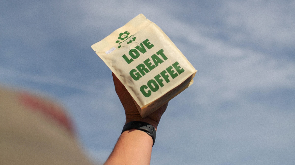 Hand holding a Level Ground Co Love Great Coffee bag against the sky